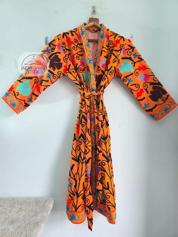 Orange color suzani long jackets | Party wear kimono robes | Long sleeve robes | Handmade Embroidery robe | Bridesmaid robes | Gift for her