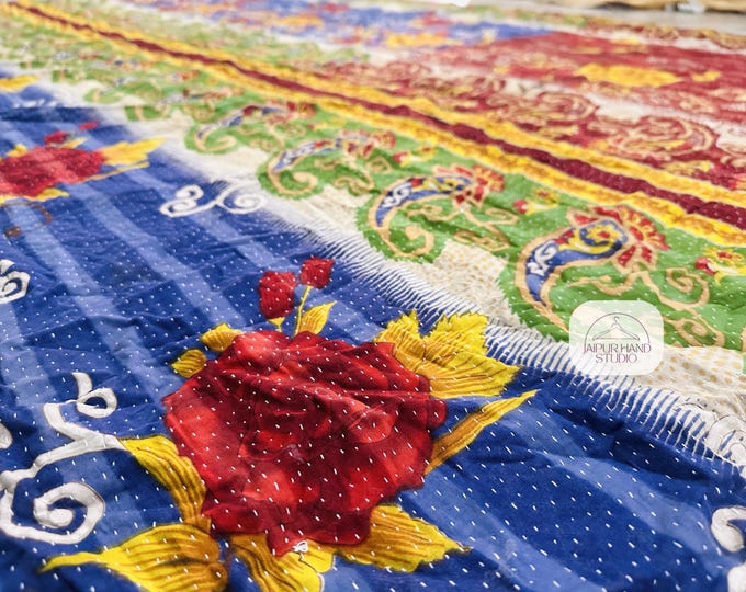 Vintage Bohemian Kantha Quilt | Cotton Hippie Bedspread | Kantha wall hanging throws | Patchwork made reversible blankets | Gift for her.
