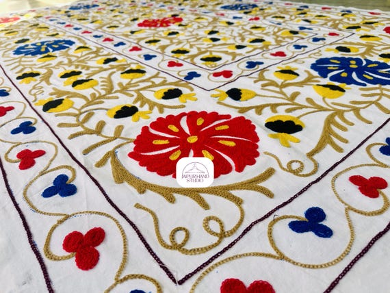 Handmade multicolor niddle work work Embroidery bedspread| Suzani bedsheet | Suzani table cover | Uzbek suzani tapestry | Gift for Christmas