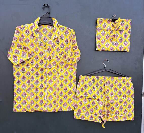 Handmade soft cotton made Pj suit | women's wear suit | Luxury shirt & shorts with cotton bag | floral block print | gift for Christmas