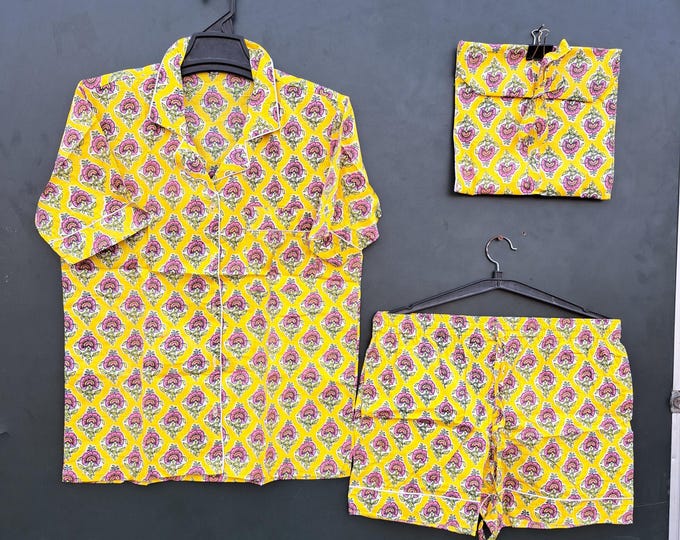 Handmade soft cotton made Pj suit | women's wear suit | Luxury shirt & shorts with cotton bag | floral block print | gift for Christmas