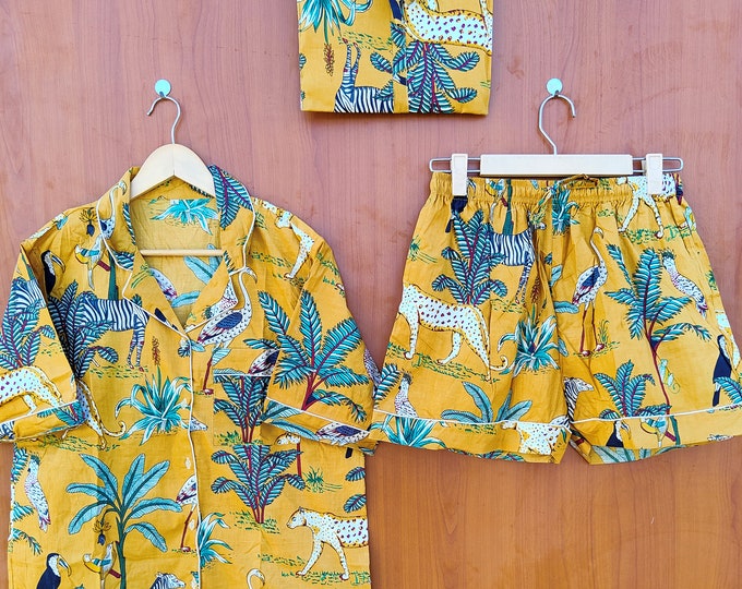 Jungle l Print short Pajamas,Jungle Print Pure Cotton Pj’s, Pajamas Set ,Indian Cotton,Night Wear, Soft Cotton Night Suit- Gift For Her