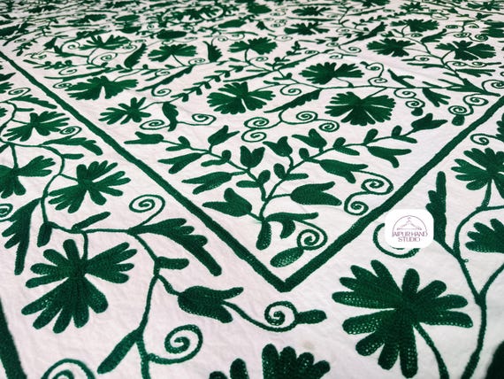 White and green color suzani bedspread | Wall hanging suzani throws | Home decor suzani | Suzani table cover | Gift for Christmas.