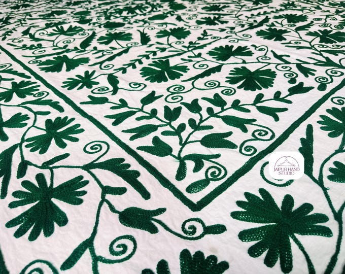 White and green color suzani bedspread | Wall hanging suzani throws | Home decor suzani | Suzani table cover | Gift for Christmas.