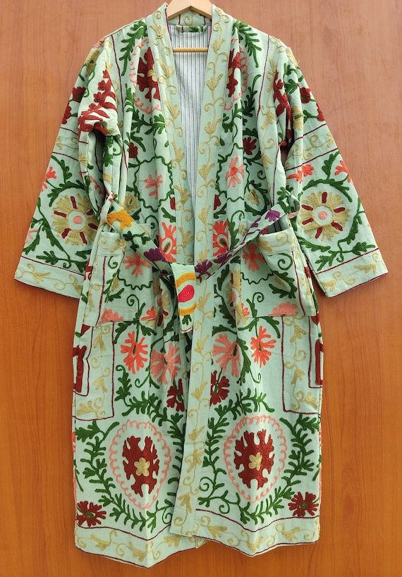 Suzani Hand Embroidered Short And Long Jacket Uzbek Cotton Kimono Luxury Suzani Robe Hidden Pocket Gifts For Her Classic Elegant belt Coat