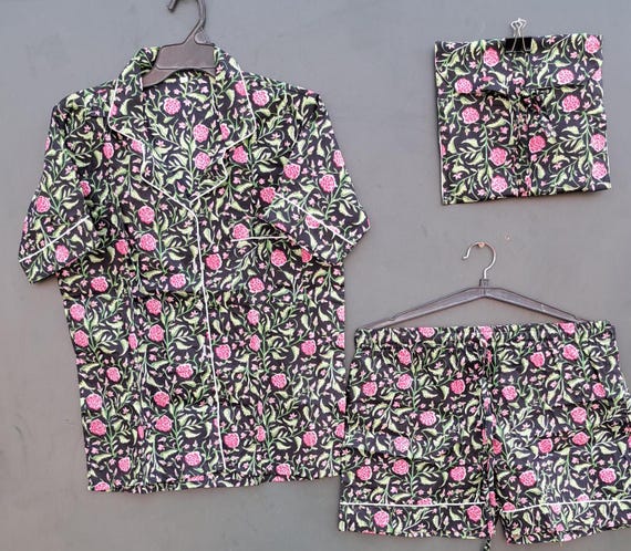 Short pajama · Pure cotton block print handmade and handprinted in India · Night shirt 100% cotton short sleeves· Boho bed Pj ·