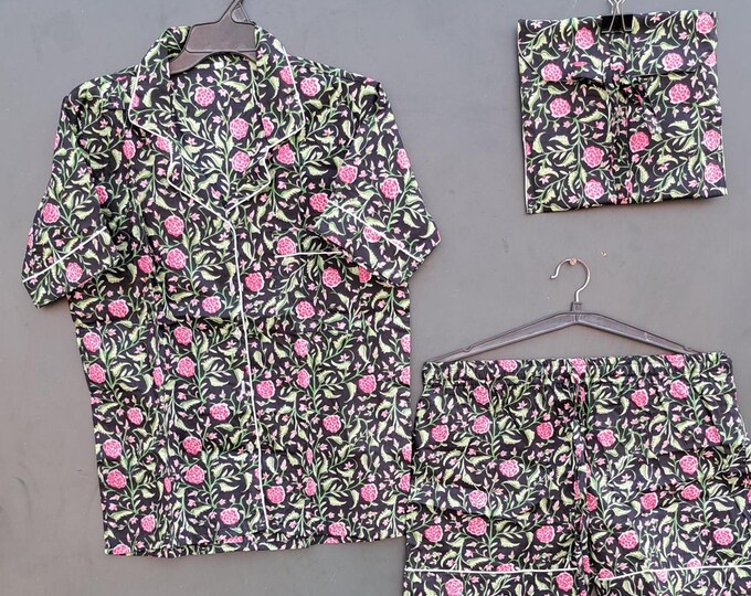 Short pajama · Pure cotton block print handmade and handprinted in India · Night shirt 100% cotton short sleeves· Boho bed Pj ·