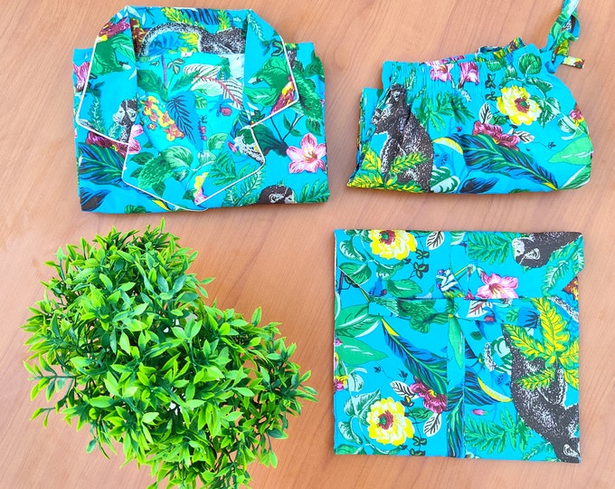Munky Jungle Print short Pajamas,Jungle Print Pure Cotton Pj’s, Pajamas Set ,Indian Cotton,Night Wear, Soft Cotton Night Suit- Gift For Her