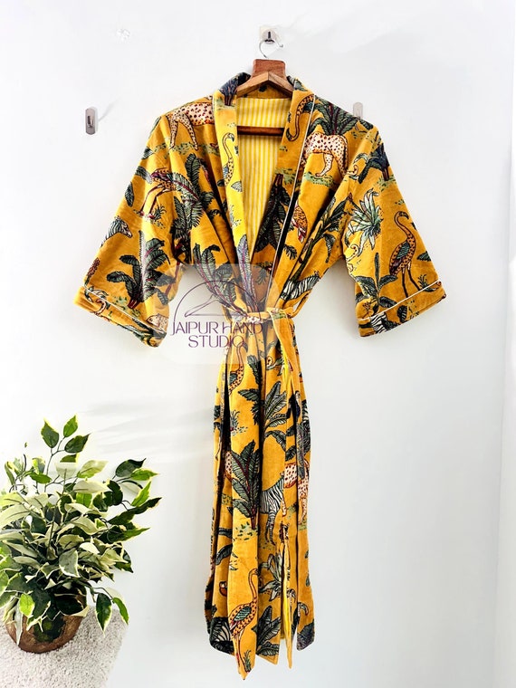 Velvet Jacket for Women's, Bath Robe Resort Wear Kimono, Soft yellow jungle Print Kimono for Her, New velvet robe birthday gift for her.