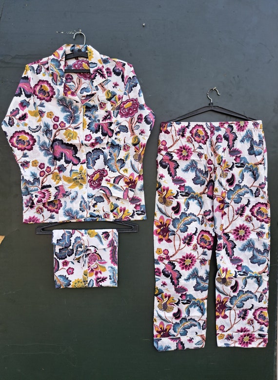 Indian Cotton Pajama Set Cotton Hand Block Print 100% Cotton Light Ultra-Soft Night Dress Women Cotton Pants Shirt Set With begs Set wight,