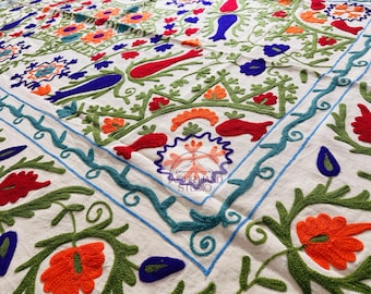 Beige color embroidery bedspread | Cotton Suzani Throw| Handmade Embroidery Bed sheet | Suzani Embroidery blanket | Uzbek Suzani Table Cover