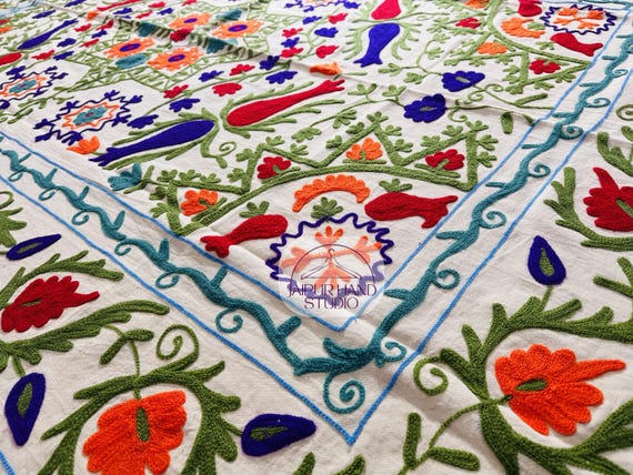 Beige color embroidery bedspread | Cotton Suzani Throw| Handmade Embroidery Bed sheet | Suzani Embroidery blanket | Uzbek Suzani Table Cover