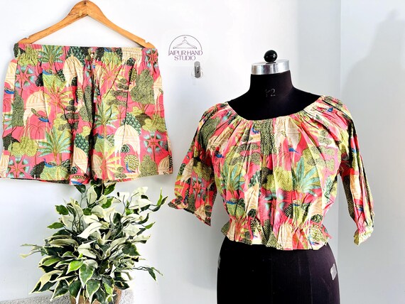 crop top with short sleeve, jungle print , shoulder top for women, women crop round neck top, Indian hand made fabric cloth