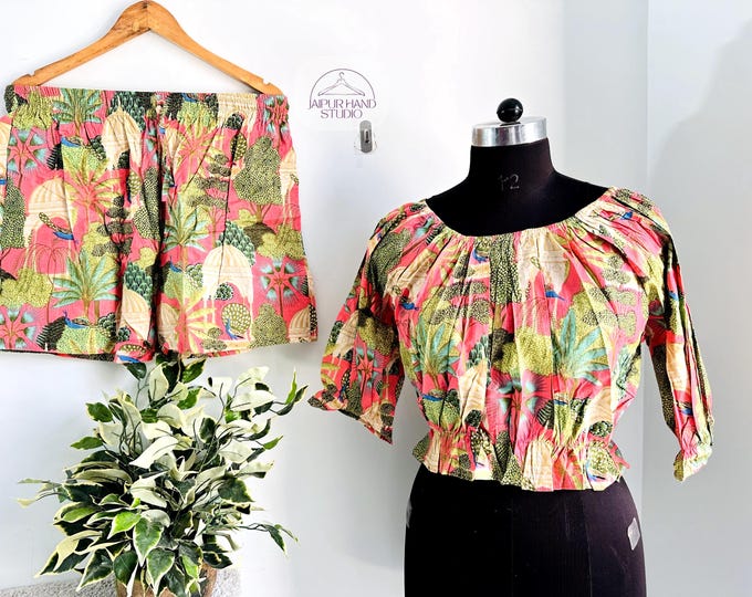 crop top with short sleeve, jungle print , shoulder top for women, women crop round neck top, Indian hand made fabric cloth