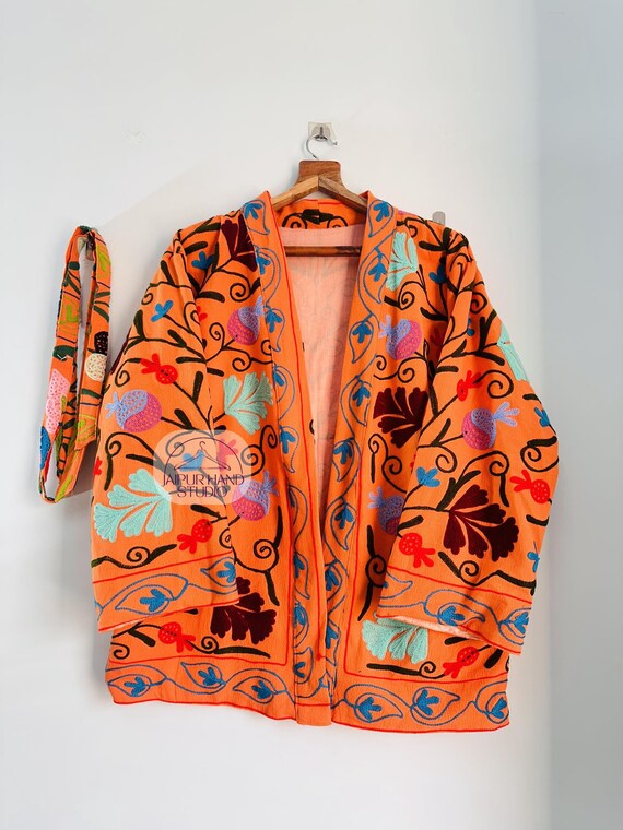 Suzani short kimono robe | women wear suzani jacket | party wear short coat | Embroidery winter wear jacket | handmade coat | Gift for her.