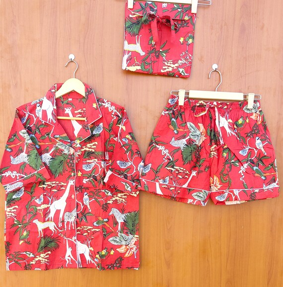 Jungle l Print short Pajamas,Jungle Print Pure Cotton Pj’s,Pajamas Set Indian Cotton,Night Wear, Soft Cotton Night Suit- Gift For Her shorts
