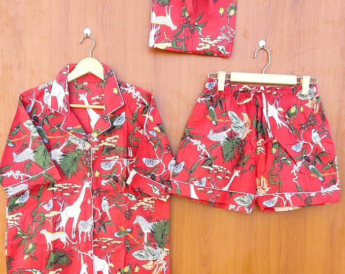 Jungle l Print short Pajamas,Jungle Print Pure Cotton Pj’s,Pajamas Set Indian Cotton,Night Wear, Soft Cotton Night Suit- Gift For Her shorts