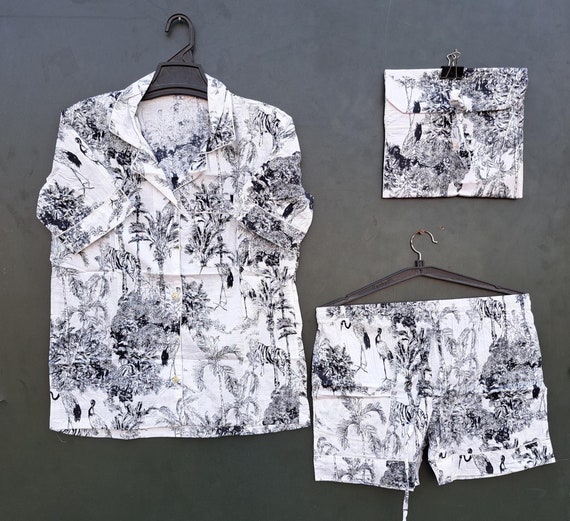 Black and white jungle bock print Pj set | women's sleepwear | luxury design shirt | beach wear | pajamas set | soft cotton night suit