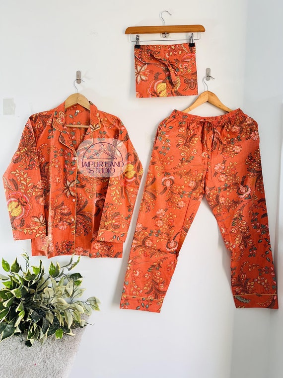 Hand block print women sleepwear | women wear pajamas| Bridesmaid pajamas | Summer wear Pj set | Pj suit color so (OSM) | Gift for Christmas