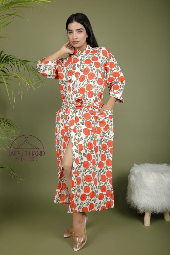 Red floral block print kimono with belt | Handmade cotton robes | Bridesmaid robes | Pregnant lady wear gown | Gift for Christmas.