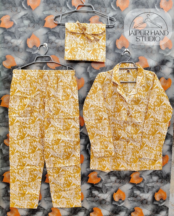 Hand block print Long Pajamas Set Women Waer Cotton Shirt & Pajama Set, summer dress, Night Wear, Cotton Pj's, Bridesmaid dress Gift For Her