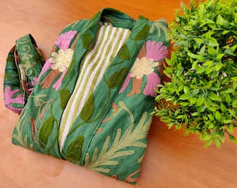 indian Hand Embroidery Robes, Cotton Suzani Kimono Robe, Winter Long Kimono With Belt, Unisex Robe, Bathrobe, Sleeping Wear,