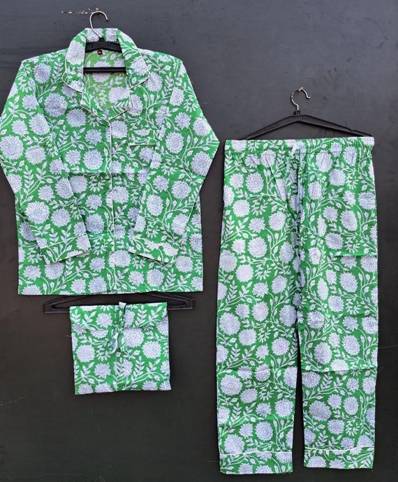 Long pajama · Pure cotton block print handmade and handprinted in India · Night shirt 100% cotton long sleeves pants· Boho bed · Coral lotus