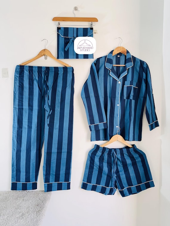 Indian made cotton pajama set | Block print women wear night suit | Long Pj set with shorts | Bridesmaid pajamas | Gift for Christmas.