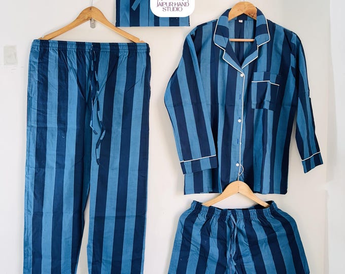 Indian made cotton pajama set | Block print women wear night suit | Long Pj set with shorts | Bridesmaid pajamas | Gift for Christmas.