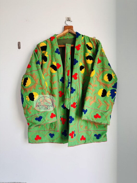 Indian suzani fabric made short kimono | Embroidery short jacket | Handmade stitched suzani jacket | bridesmaid suzani coat | Gift for her.