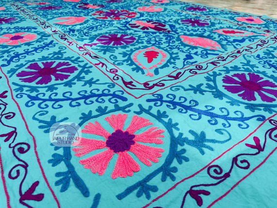 Blue color suzani soft blanket | Handmade niddle work suzani bedspread | Suzani wall hanging throws | Bridesmaid bedsheet | Gift for her.