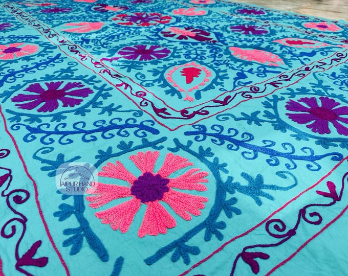 Blue color suzani soft blanket | Handmade niddle work suzani bedspread | Suzani wall hanging throws | Bridesmaid bedsheet | Gift for her.