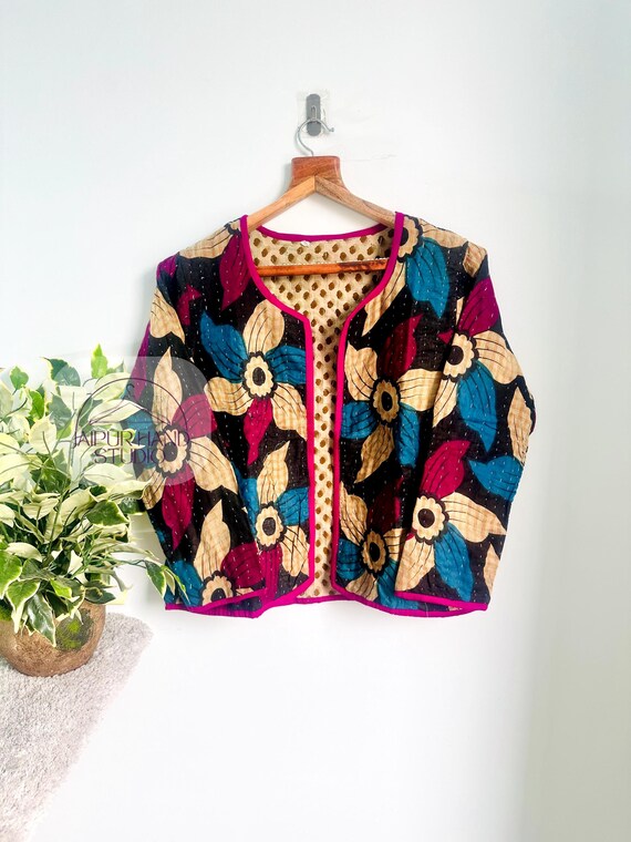 Short jacket, Indian design made multi color jacket, vintage kantha fabric made, hand made stitches, hand Swen jacket, Gift for Christmas