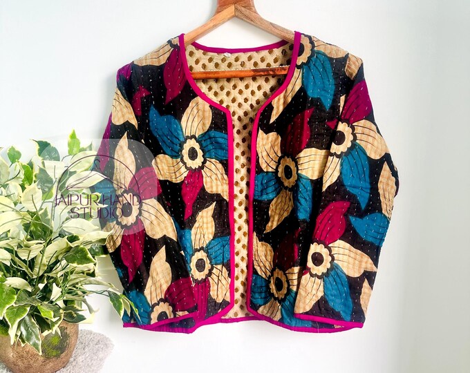 Short jacket, Indian design made multi color jacket, vintage kantha fabric made, hand made stitches, hand Swen jacket, Gift for Christmas