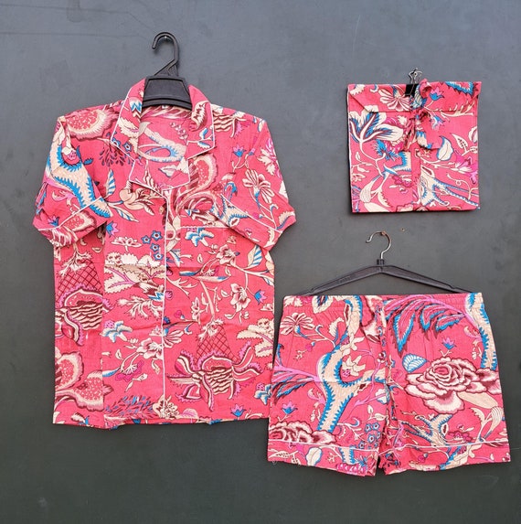primary red color and multicolor block print design fabric made night suit | for women's wear | sleepwear | luxury pjs | gift for Christmas