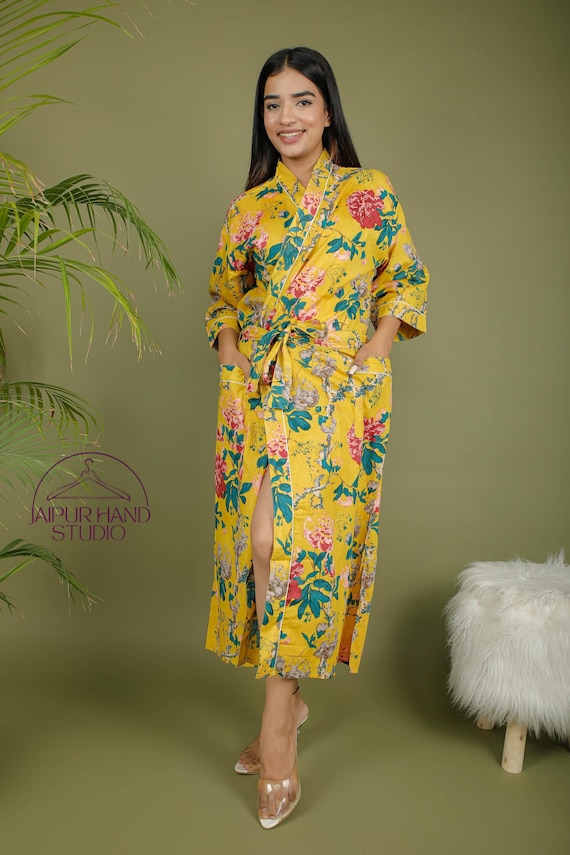 Yellow color floral block print cotton robes | Unisex bath robes | Morning tea dress | Long sleeve kimono | Bridesmaid robe | Gift for her.