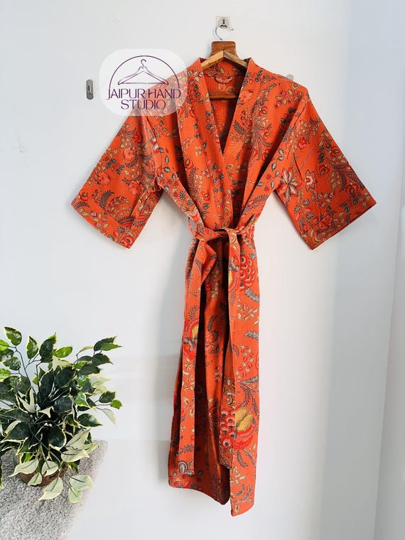 Indian hand made ,Luxury Waffle Cotton Robe | Lightweight Cotton Waffle Robe | Bridal, Bridesmaid, Wedding Gift | Tropical Palm Oasis Design
