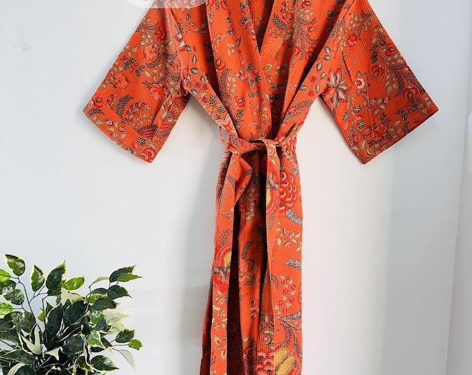 Indian hand made ,Luxury Waffle Cotton Robe | Lightweight Cotton Waffle Robe | Bridal, Bridesmaid, Wedding Gift | Tropical Palm Oasis Design