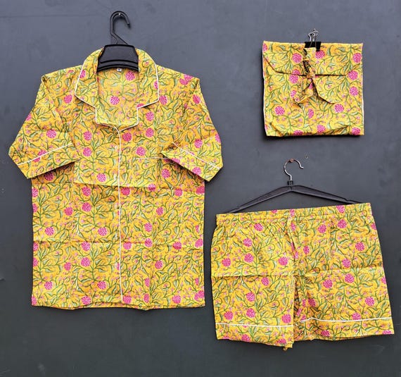 100% Cotton Indian floral Block-print Pure Cotton short pajama Set | short Sleeve Top | Spring Summer Sleep Lounge Wear | Gift for Christmas