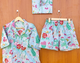floral Print short Pajamas, Animal Print Pure Cotton Pj’s, Pajamas Set ,Indian Cotton,Night Wear, Soft Cotton Night Suit- Gift for her