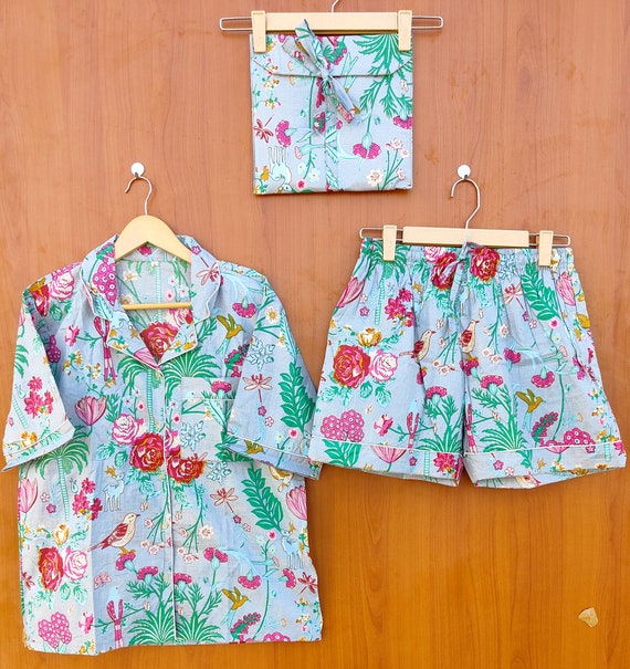 floral Print short Pajamas, Animal Print Pure Cotton Pj’s, Pajamas Set ,Indian Cotton,Night Wear, Soft Cotton Night Suit- Gift for her