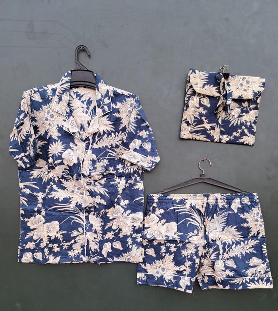 floral Print short Pajamas, Animal Print Pure Cotton Pj’s, Pajamas Set ,Indian Cotton, Night Wear, Soft Cotton Night Suit- Gift for her