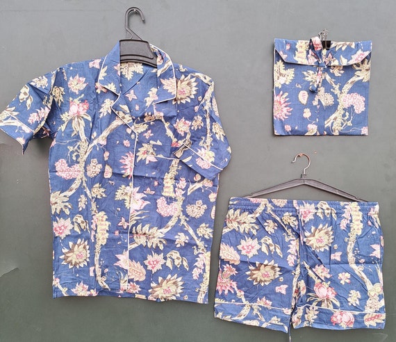 Indian handmade Pj set for women's wear | short sleeve Pj suit | sleep wear suit | boho & hippie Pj | floral block print Pj | gift for her.