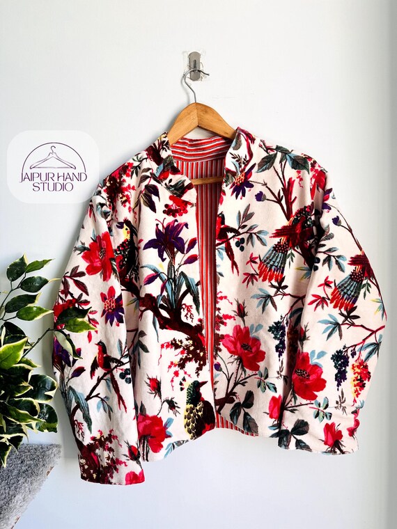 Indian cotton velvet fabric made jackets | floral print jacket | winter jackets | short velvet kimono | women's wear short jacket |