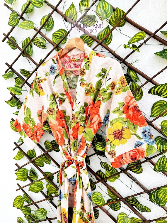 Pure Waffle Cotton Handprinted House Bath Robe Summer | Floral Spa Beach Coverup | Spring Pastel Beige Orange Rose Botanical Garden Blossom