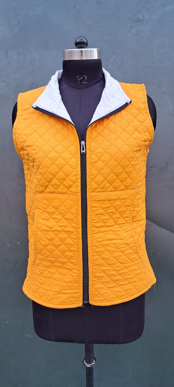 Cotton Quilted Jacket, Handmade Vest Without Sleeves Yellow Color Quilted Kimono Gift For Her Women Wear, plen quilted jacket with zipper
