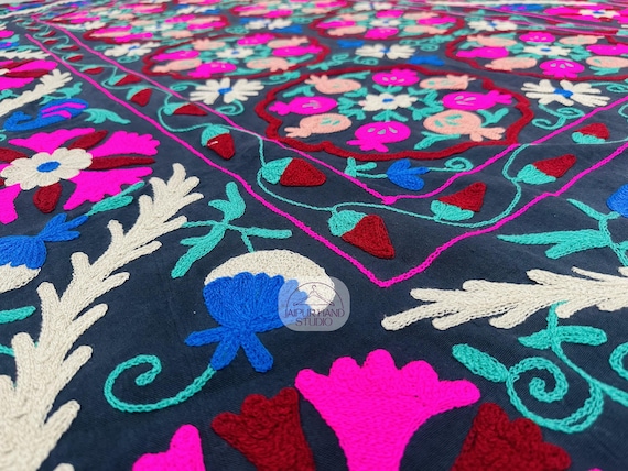 Black and multicolor Embroidery table cover | Handmade Niddle Embroidery bedspread | Uzbek wall hanging throws | Gift for Christmas