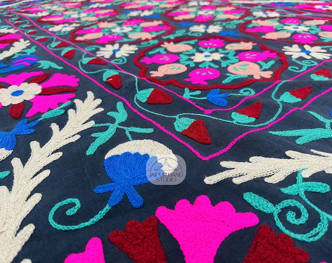 Black and multicolor Embroidery table cover | Handmade Niddle Embroidery bedspread | Uzbek wall hanging throws | Gift for Christmas