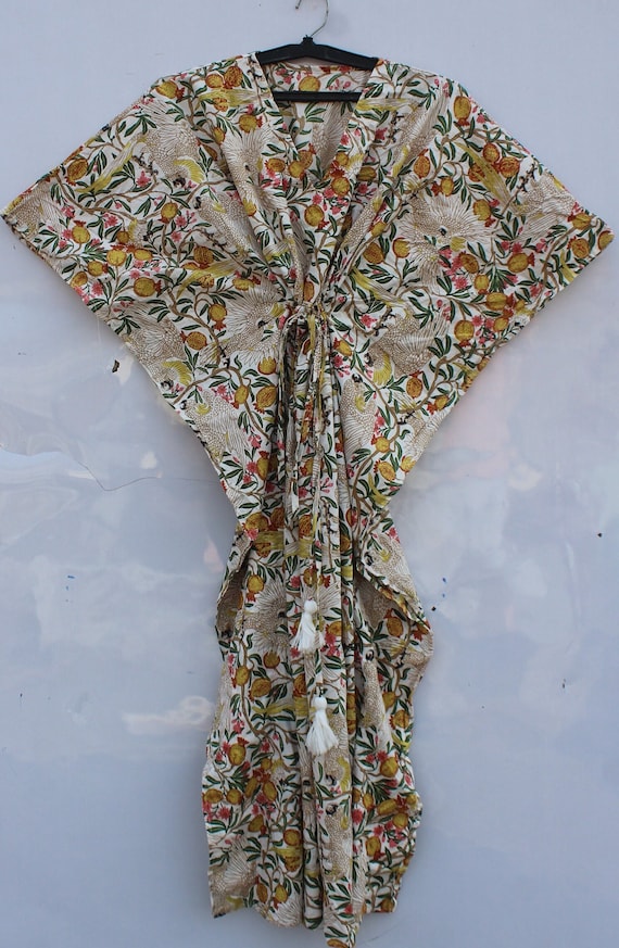 Cotton Kaftan, Soft Pure Cotton Indian Hand block Floral Print Kaftan, Night Gown, Cotton Dress,Maxi,Beach Wear, Jungle Print kaftan Gifts