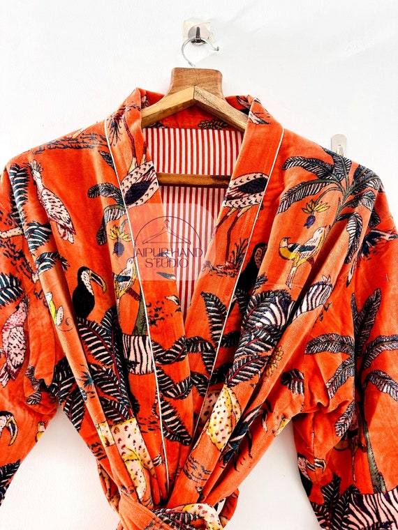 Indian Hand Made Velvet jungle print Kimono For Winter Bath Robe Gowon Printed Jacket Night Wear Sleepwear Inside New Print orange color